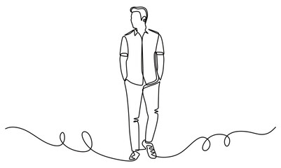 continuous line art of a man in a business suit walking with his hands in his pockets. concept of going to work or coming home from work