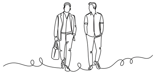 continuous line art of two men in business suits walking with a bag in one hand and the other with his hands in his trouser pockets. concept of going to work or coming home from work