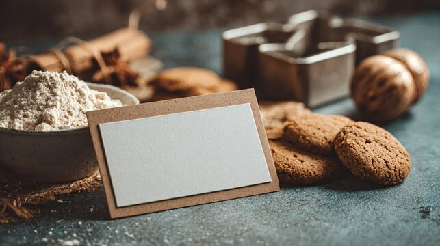 Rustic baking scene with freshly baked cookies, flour, spices, and cookie cutters, featuring an empty card for personalized message or recipe details