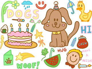 Hand drawn cute vectors of puppy, cake, watermelon and straw, boy, shooting star, duck, cloud and rain, flower, DOG letters, dango, coin purse, clover leaf, umbrella, candle, pencil for decorations