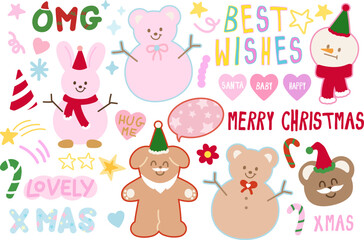 Obraz premium Cute Christmas illustrations of teddy bear as snowman, pink bunny, puppy as Santa Claus, snowman wearing red scarf and party hat, BEST WISHES letters, candy cane for festive winter elements, cartoon