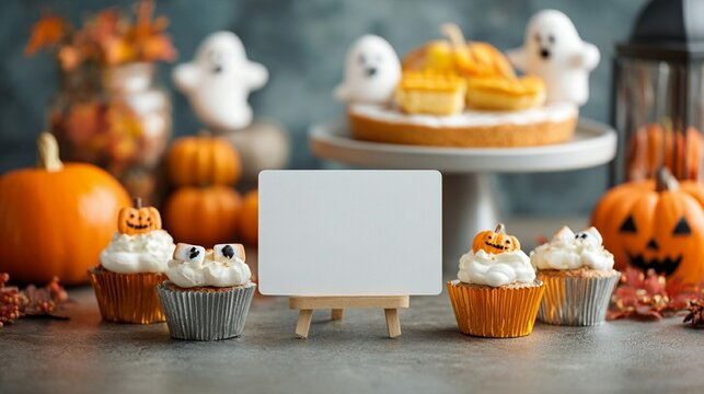 Spooky Halloween cupcakes with ghost decorations and pumpkins create a festive autumn scene, with a blank white card ready for personalized message or greeting