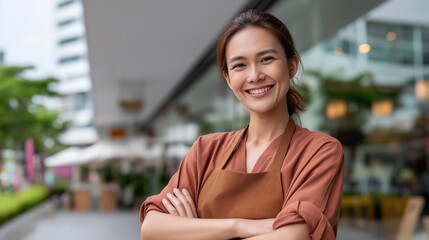 Young woman business owner smiles outside her cafe, showcasing pride in her work and dedication to her customers