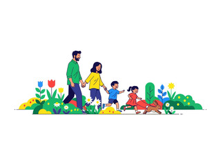 Fototapeta premium Family Stroll in the Garden: A vibrant illustration portrays a family, parents and children, enjoying a leisurely walk through a colorful garden, capturing the essence of togetherness and happiness.