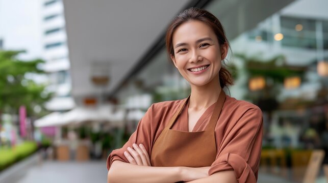 Young woman business owner smiles outside her cafe, showcasing pride in her work and dedication to her customers