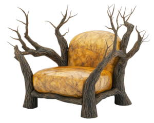 Unique chair with tree branches as arms and marbled texture creates artistic and natural design. combination of wood and stone like materials adds organic feel., isolated