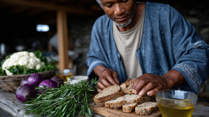 A thoughtful man carefully slices and spreads healthy bread amidst fresh ingredients, capturing the essence of wholesome cooking and mindful preparation in an inviting kitchen.
