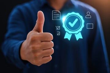 A person gives a thumbs-up gesture, signifying approval and a positive affirmation, overlaid with glowing, light-blue icons representing successful completion or quality assurance.
