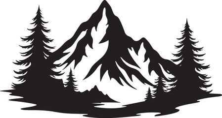 "Mountain and Pine Tree Silhouette Landscape"
