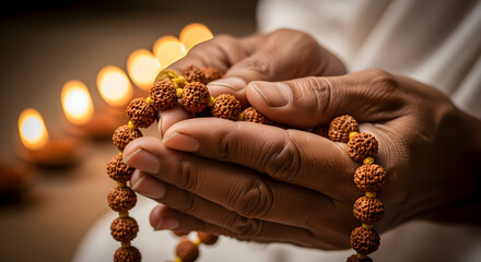 Hands holding rudraksha mala beads with glowing candles during hindu prayer meditation symbol of spirituality and indian religious beliefs