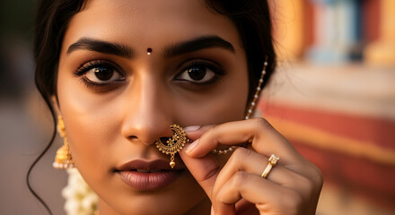 Young indian woman adjusting nose ring jewelry wearing bindi and earrings representation of indian beauty traditions and hindu culture
