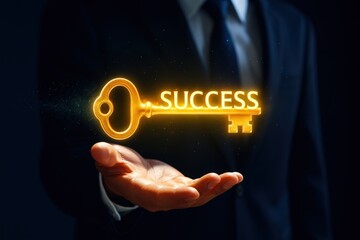 A golden key to success, held in a hand, signifies the path to achievement in a dark business setting.
