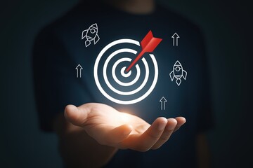 A target, arrows, and rockets, illuminated in a hand, symbolizing focused growth and achievement.