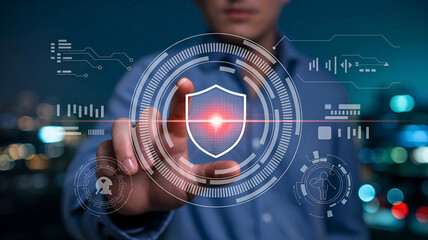 Protecting Your Digital World Cybersecurity Shield Interface with Futuristic HUD and Data Visualizations