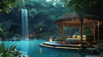 Serene Tropical Hideaway with Waterfall and Thatched Pavilion for Relaxation and Tranquility