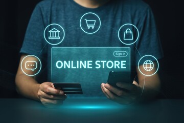 A person holds a credit card and a phone, interacting with a holographic online store interface, showcasing digital commerce and payment options.