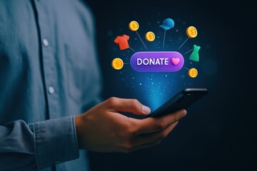 A person's hands hold a smartphone displaying a donate button overlaid with clothing and money icons.
