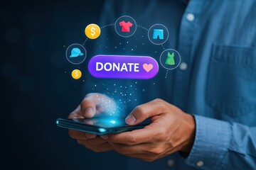A person uses a smartphone to donate clothing items through an interactive digital interface.