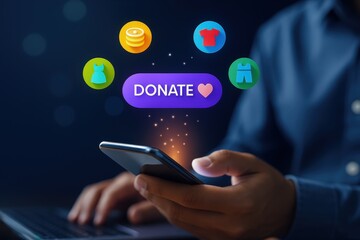 Hands holding a phone with a virtual donate button and various donation icons displayed, highlighting online giving options.