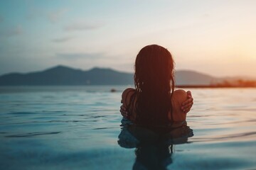 beautiful woman swimming in luxury pool at sunset flowing into sea, elegant vacation and tropical serenity, stunning girl relaxing in lavish resort pool at sunrise