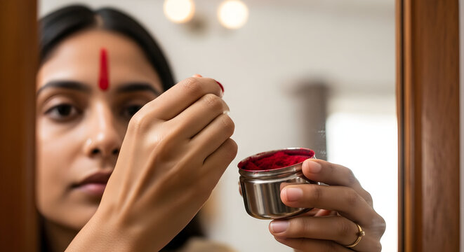 Indian woman applying red kumkum powder as a bindi or tilak a sacred daily ritual in Hindu culture