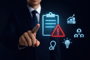 A business professional interacts with a digital interface displaying warning signs and project management elements.
