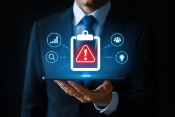 A business professional holds a tablet displaying a digital clipboard with a red warning symbol, accompanied by interconnected icons, highlighting potential issues and requiring attention.