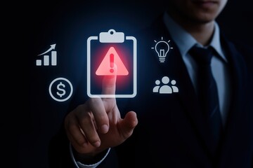 A businessperson's hand interacts with a glowing, digital clipboard displaying a red warning sign, along with associated business icons such as growth, ideas, and team, highlighting potential...