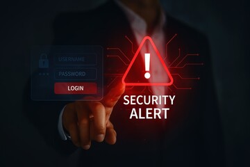 A hand interacts with a digital interface displaying a security alert, with glowing red elements and a dark background.