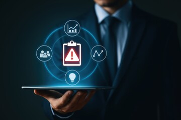 A person holds a tablet displaying a digital notification of an issue, complete with related data visualizations, including graphs, a group icon, and a lightbulb.