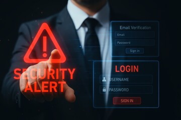 A businessman's hand points to a security alert overlaying a digital login screen, displaying a critical warning.