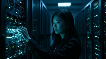 Asian woman IT technician working with network server rack in futuristic data center. Dark blue light, technology footage. - Powered by Adobe