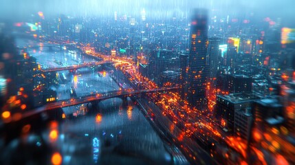 Fototapeta premium Rainy Night Metropolis: A Dazzling Aerial View of City Lights