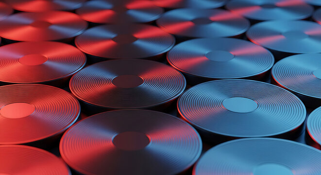 Abstract background with pattern of metal disks with shiny reflective surface and red and blue light