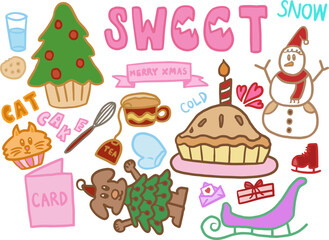Hand drawn cute vectors of Christmas cupcake, pie and candle, sweet letters, cup of tea, whisk, snowman, cat cupcake, milk and cookie, gift box, puppy dress as Christmas tree for festive winter icons