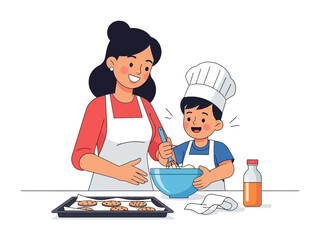 Mom and Son Bake Together: Capture a sweet, heart-warming moment as a mother and her young son bond in the kitchen. Amidst the aroma of cookies baking, they share laughter, stirring batter.