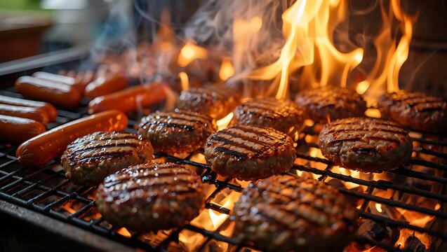 Juicy beef burgers and hot dogs cooking on a flaming barbecue grill