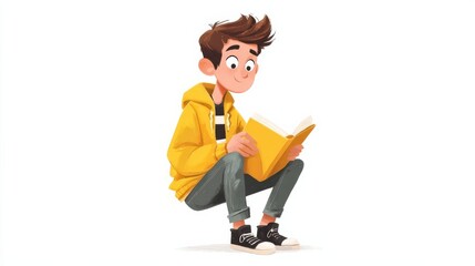 Fototapeta premium A cartoon man in a yellow hooded jacket reads a book with focus, kneeling on one knee against a plain white background,