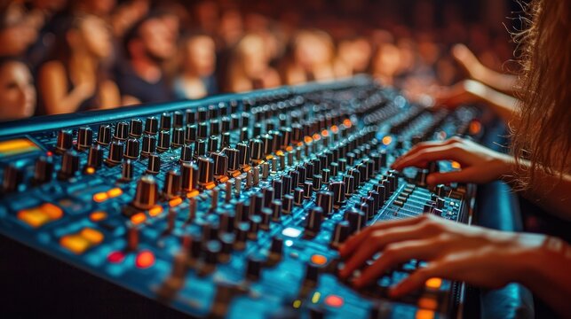 Sound Engineer at Work: Mixing Console Close-Up - Powered by Adobe