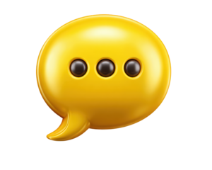 Yellow chat bubble icon with three black dots, glossy 3D style, isolated on transparency background, symbolizing communication, conversation, and messaging in modern digital context