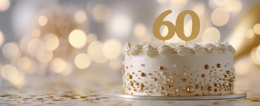 The elegant birthday cake adorned with golden decorations for a grand 60th celebration. - Powered by Adobe