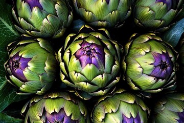 Obraz premium Arrangement of Overlapping Artichoke Heads in Circular Pattern with Dark Close up raw vegetables