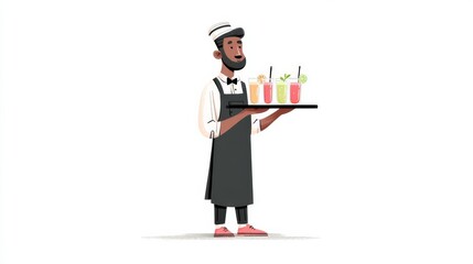 A cheerful cartoon waiter in a classic uniform holds a tray with vibrant drinks,