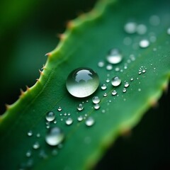 Water droplets beading on elongated plant foliage