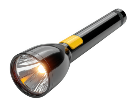 Black flashlight with yellow button zoom lens and reflective head isolated on transparency background tool for emergency camping or outdoor use modern design bright light practical and reliable