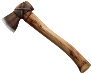 Wooden axe with weathered metal blade rustic handle lumberjack tool isolated on white vintage style woodworking outdoors rugged traditional craftsmanship