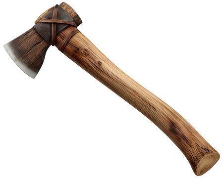 Wooden axe with weathered metal blade rustic handle lumberjack tool isolated on white vintage style woodworking outdoors rugged traditional craftsmanship - Powered by Adobe