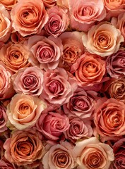 Naklejka premium Close Up View Of Many Different Shades Of Pink And Orange Roses
