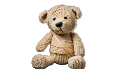 Cute injured teddy bear with bandage as get well soon recovery gift isolated on white background plush toy illustration