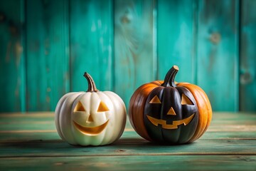 Two carved Halloween pumpkins on a rustic green wooden surface for decoration